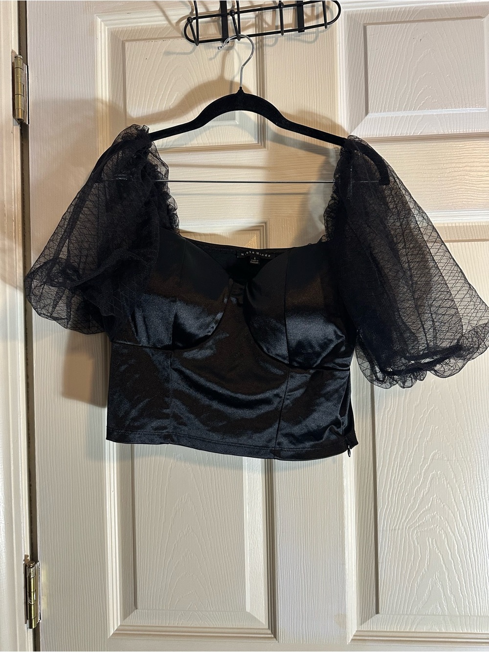 Haute Monde Black Satin Puff Sleeve Crop Top